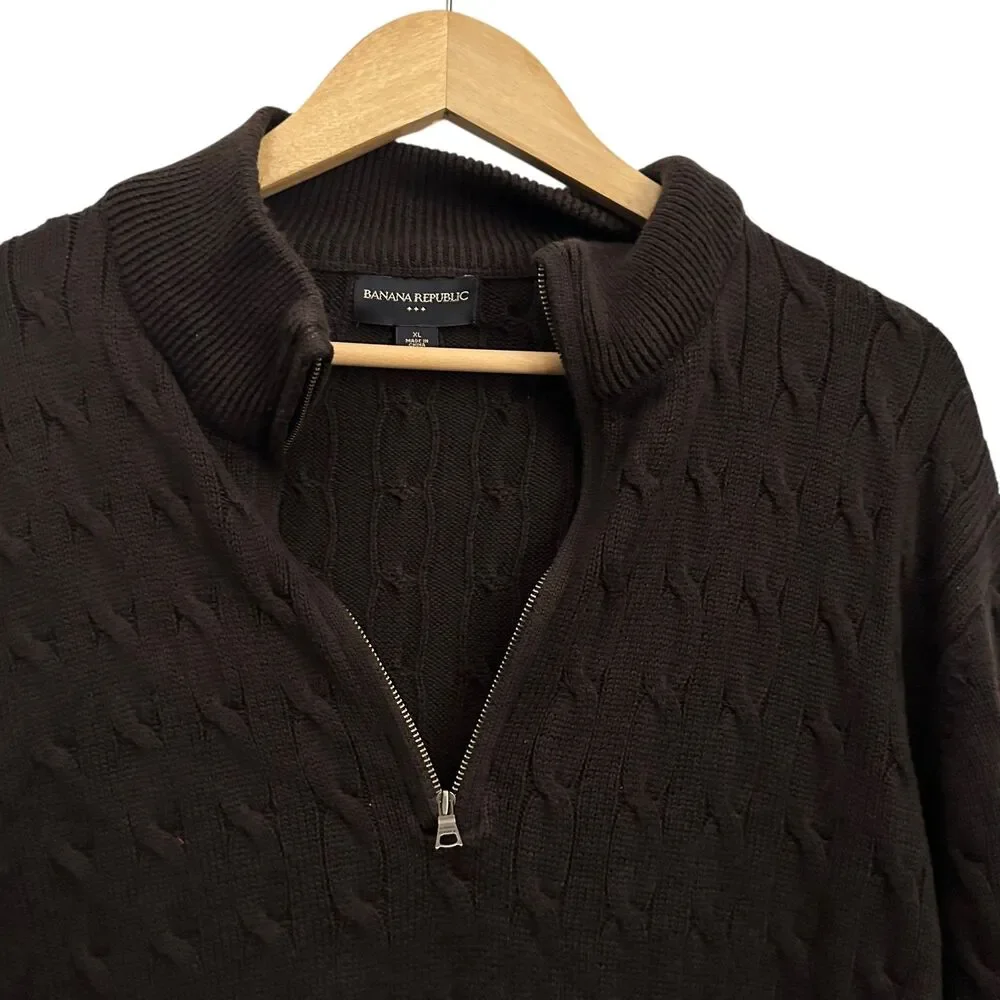 Banana Republic Men's Dark Brown 1/4 Zip Cotton Cableknit Sweater Size‎ XL